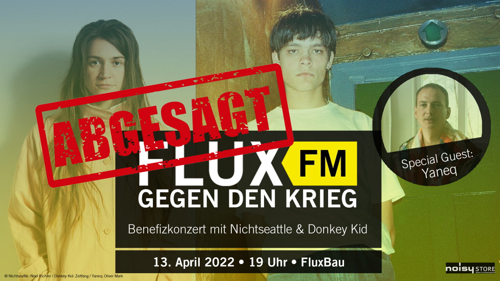 FluxFM gegen den Krieg: Benefizkonzert mit Nichtseattle, Donkey Kid und YANEQ am 13. April im FluxBau