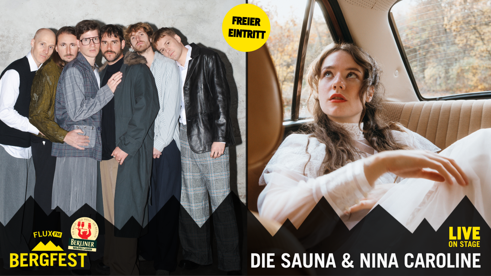 FluxFM Bergfest Bergfunk Open Air Takeover am 1. Juli mit Die Sauna und Nina Caroline, © Die Sauna (Pablo Lauf) / Nina Caroline (Johanna Gußmagg)