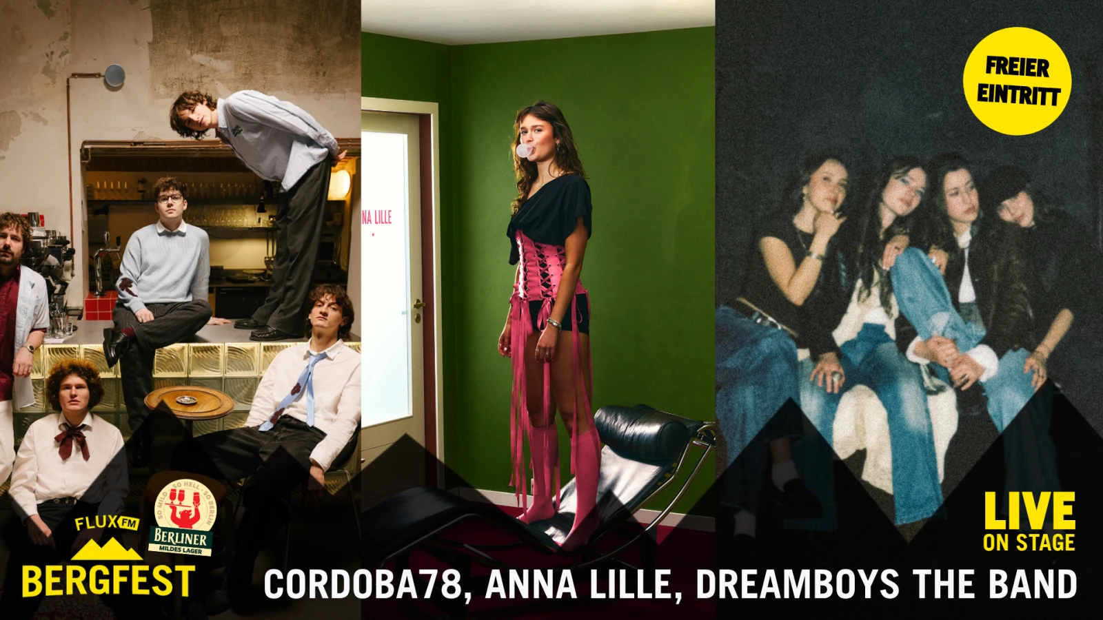 FluxFM Bergfest am 23. September mit Cordoba78, Anna Lille & Dreamboys The Band, © Cordoba78 (Pressebild), Anna Lille (Pressebild), Dreamboys The Band (Nikita Lünnemann) FluxFM Bergfest am 23. September mit Cordoba78, Anna Lille & Dreamboys The Band, © Cordoba78 (Pressebild), Anna Lille (Pressebild), Dreamboys The Band (Nikita Lünnemann)