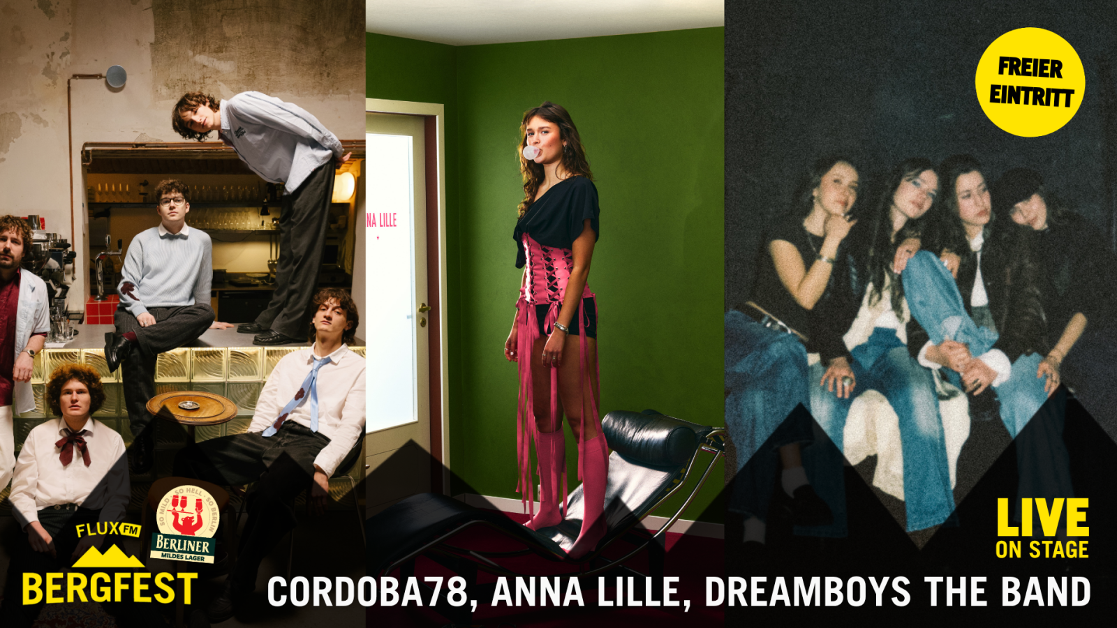 FluxFM Bergfest am 23. September mit Cordoba78, Anna Lille & Dreamboys The Band, ©  Cordoba78 (Pressebild), Anna Lille (Pressebild), Dreamboys The Band (Nikita Lünnemann)