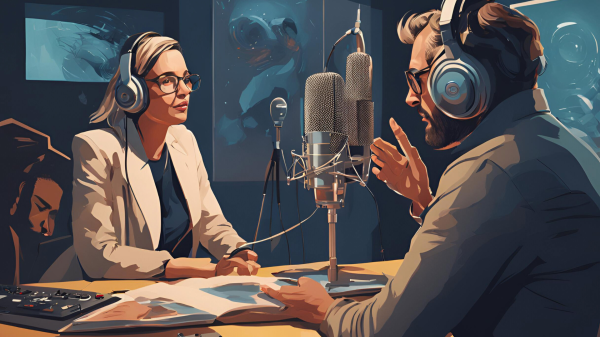 /prompt: Draw a picture of a radio host interviewing a person who speaks about artificial intelligence and art